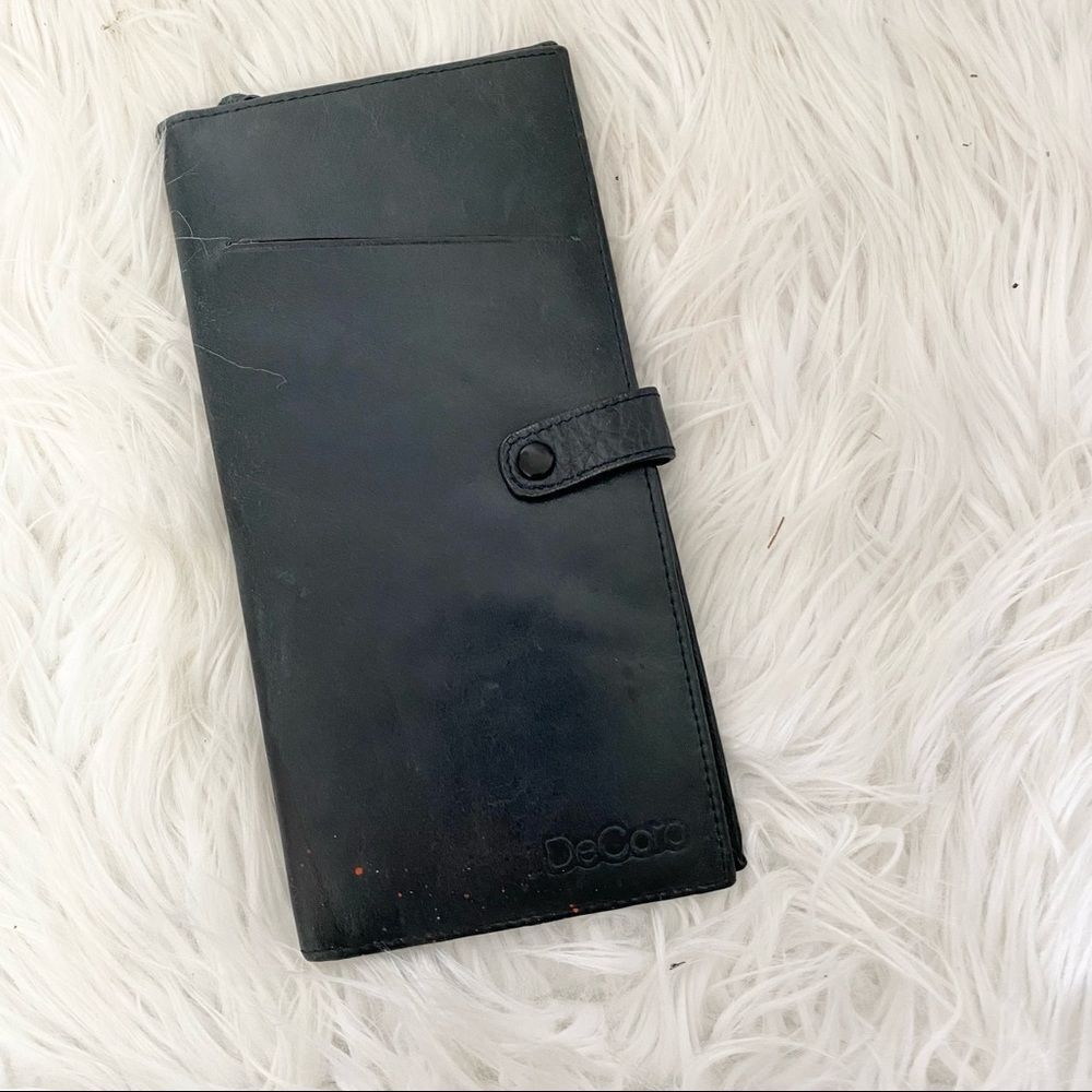 DeCoro Black Leather Foldover Snap Passport Travel Wallet
